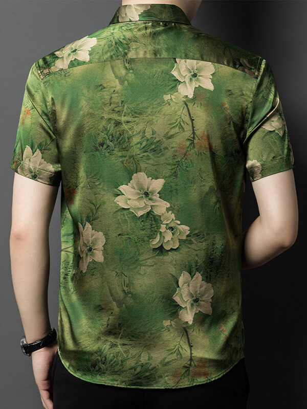 Men's Luxury Green Floral Short Sleeve Silk Dress Shirt