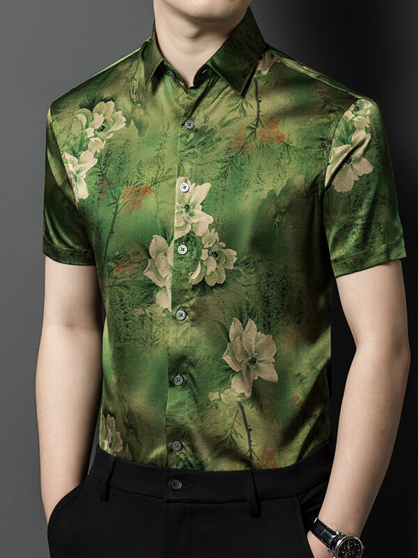 Men's Luxury Green Floral Short Sleeve Silk Dress Shirt