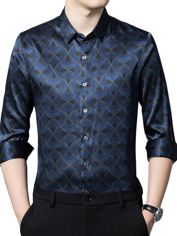 Men's Navy Wave Pattern Long Sleeve Button-Up Silk Shirt