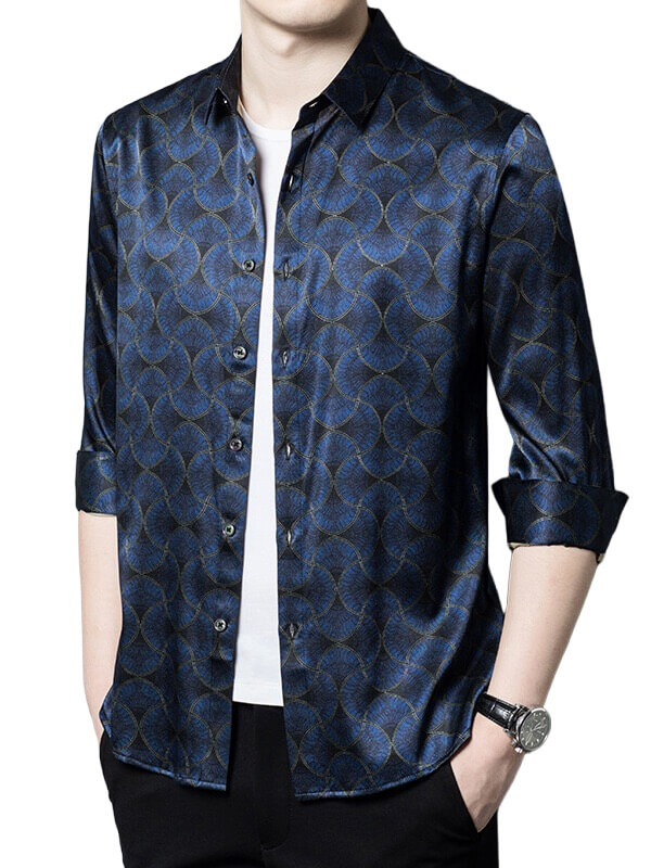 Men's Navy Wave Pattern Long Sleeve Button-Up Silk Shirt