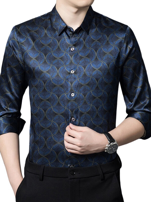 Men's Navy Wave Pattern Long Sleeve Button-Up Silk Shirt