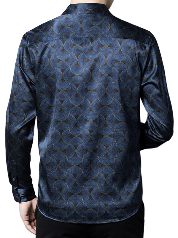 Men's Navy Wave Pattern Long Sleeve Button-Up Silk Shirt