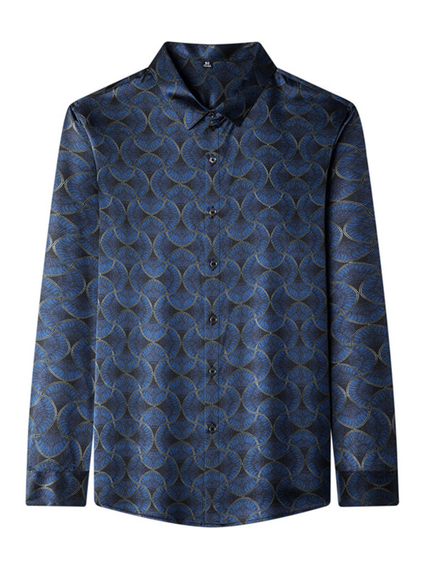 Men's Navy Wave Pattern Long Sleeve Button-Up Silk Shirt