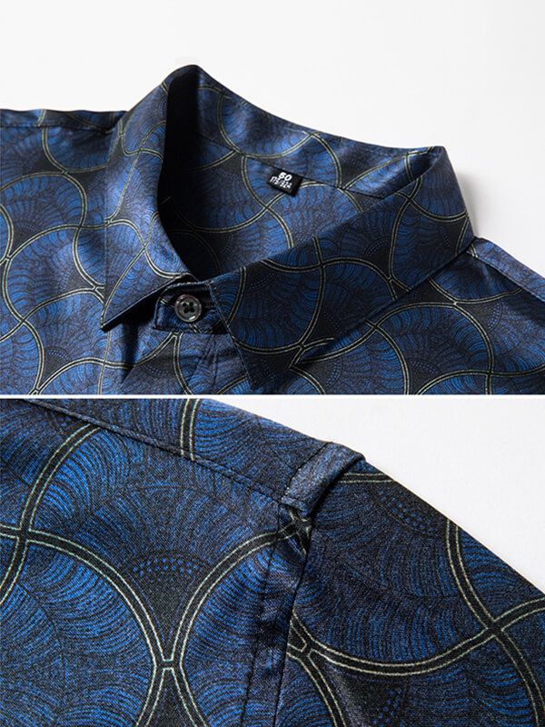 Men's Navy Wave Pattern Long Sleeve Button-Up Silk Shirt