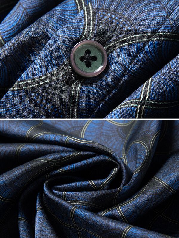 Men's Navy Wave Pattern Long Sleeve Button-Up Silk Shirt