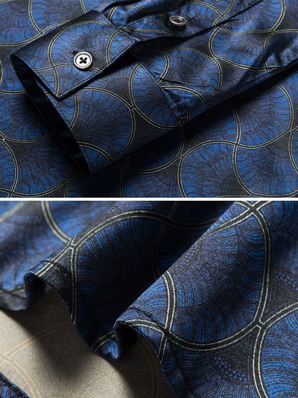 Men's Navy Wave Pattern Long Sleeve Button-Up Silk Shirt
