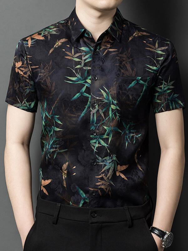 Men's Bamboo Leaf Print Black Short Sleeve Casual Silk Shirt