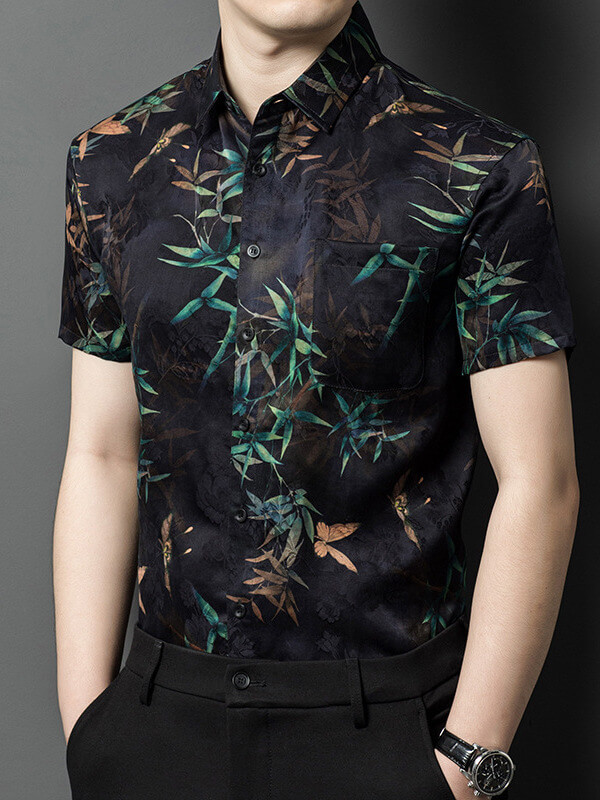 Men's Bamboo Leaf Print Black Short Sleeve Casual Silk Shirt