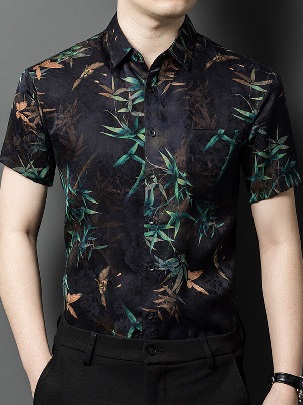 Men's Bamboo Leaf Print Black Short Sleeve Casual Silk Shirt