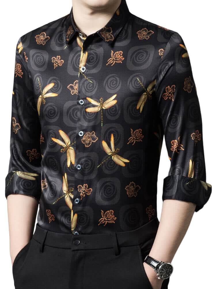 Men's Long Sleeve Black Silk Shirt with Gold Dragonfly Prints