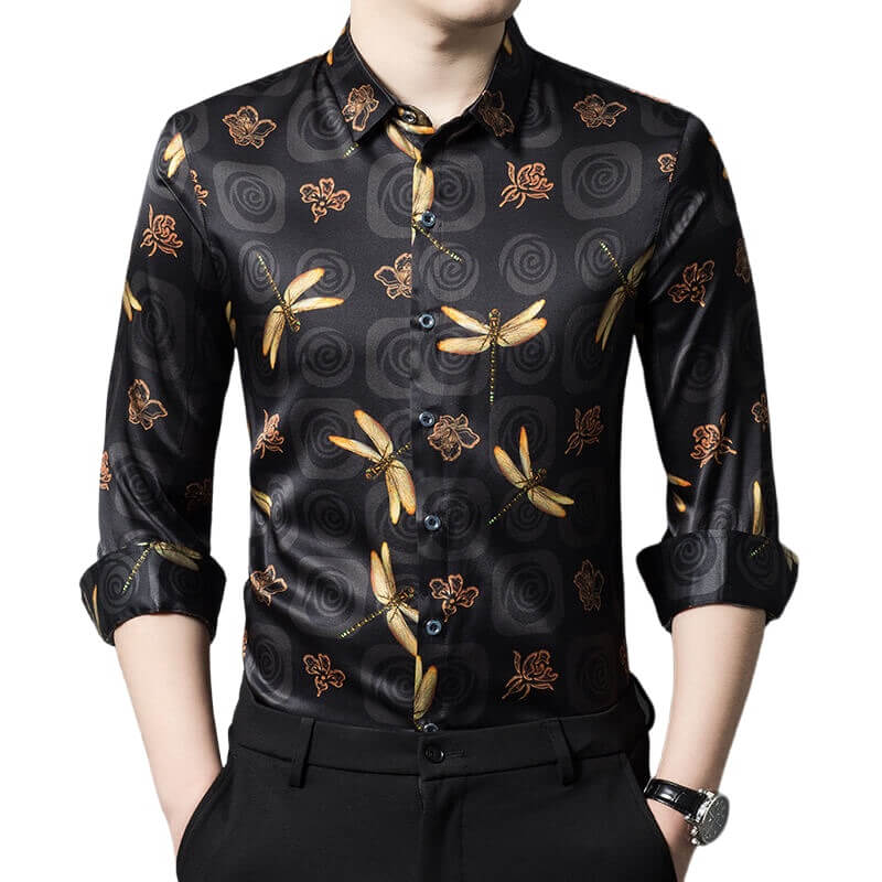 Men's Long Sleeve Black Silk Shirt with Gold Dragonfly Prints