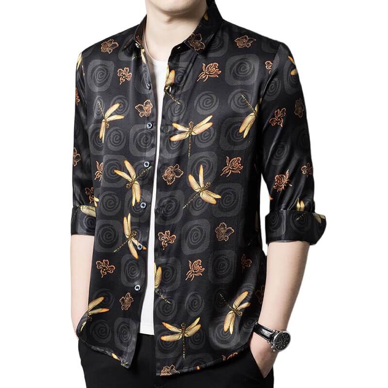 Men's Long Sleeve Black Silk Shirt with Gold Dragonfly Prints