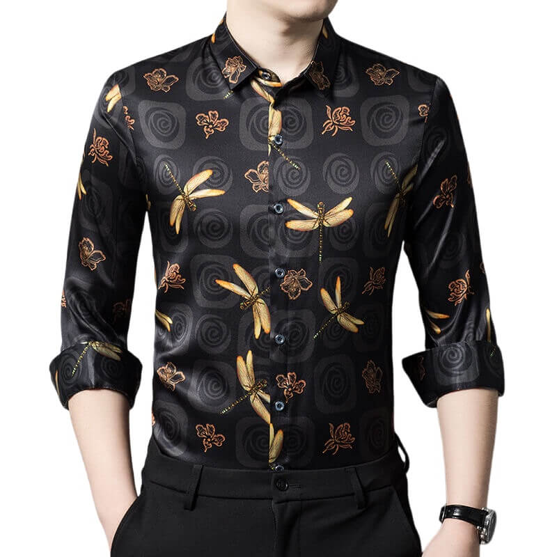 Men's Long Sleeve Black Silk Shirt with Gold Dragonfly Prints
