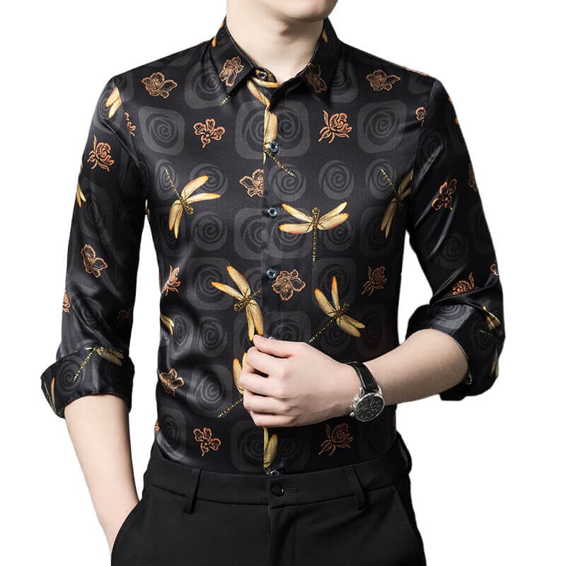 Men's Long Sleeve Black Silk Shirt with Gold Dragonfly Prints