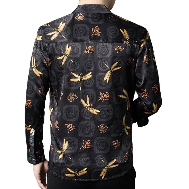 Men's Long Sleeve Black Silk Shirt with Gold Dragonfly Prints