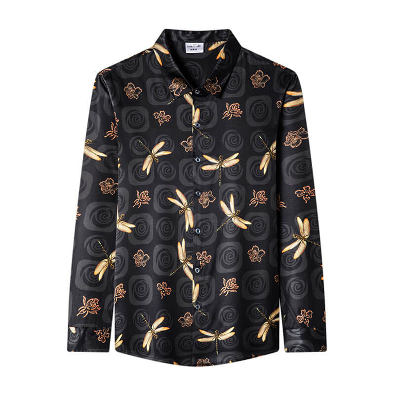 Men's Long Sleeve Black Silk Shirt with Gold Dragonfly Prints