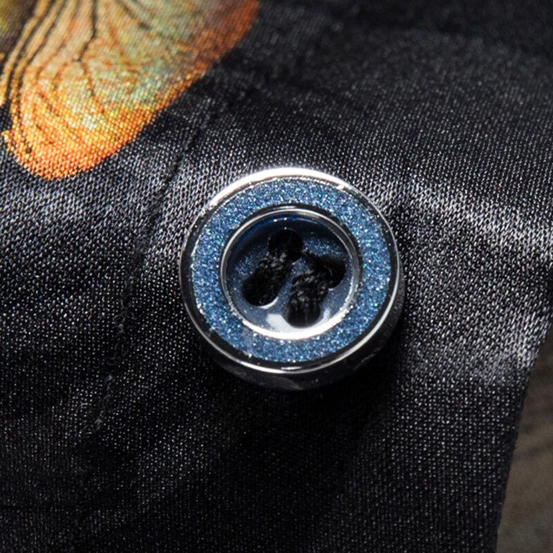 Men's Long Sleeve Black Silk Shirt with Gold Dragonfly Prints