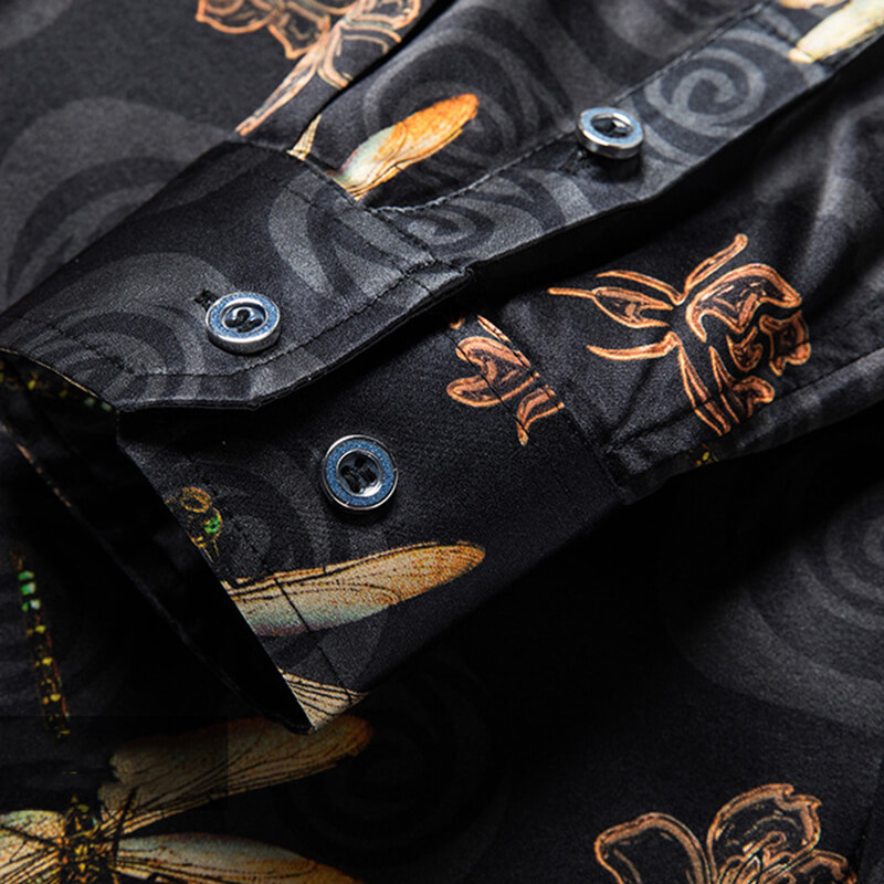 Men's Long Sleeve Black Silk Shirt with Gold Dragonfly Prints