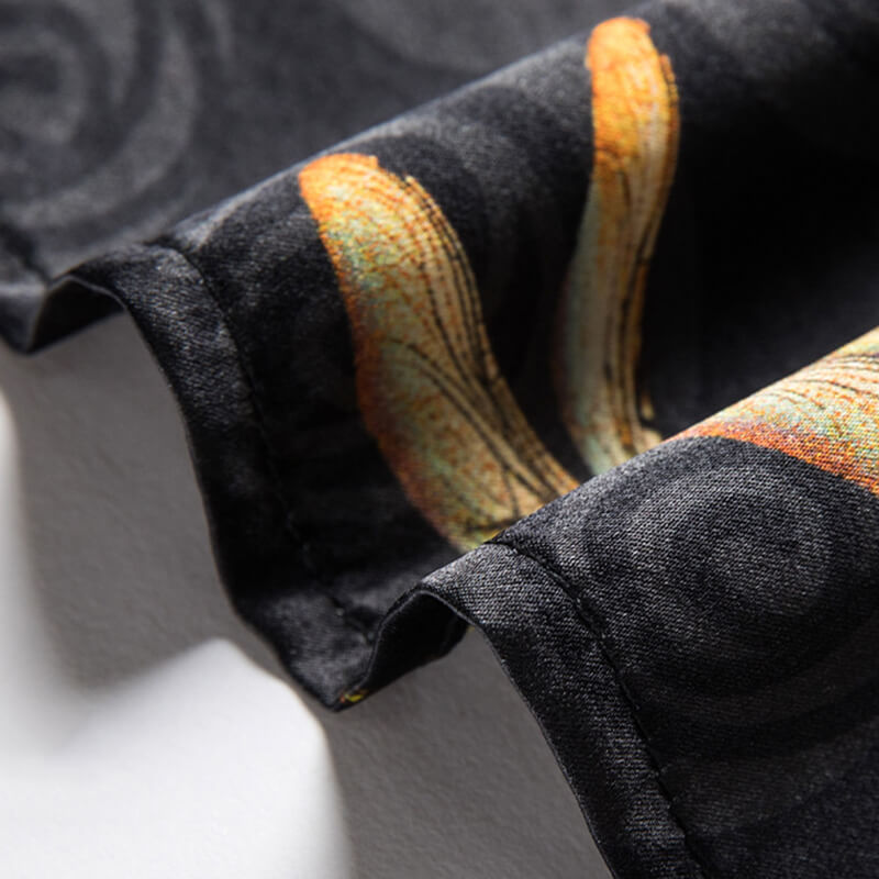 Men's Long Sleeve Black Silk Shirt with Gold Dragonfly Prints