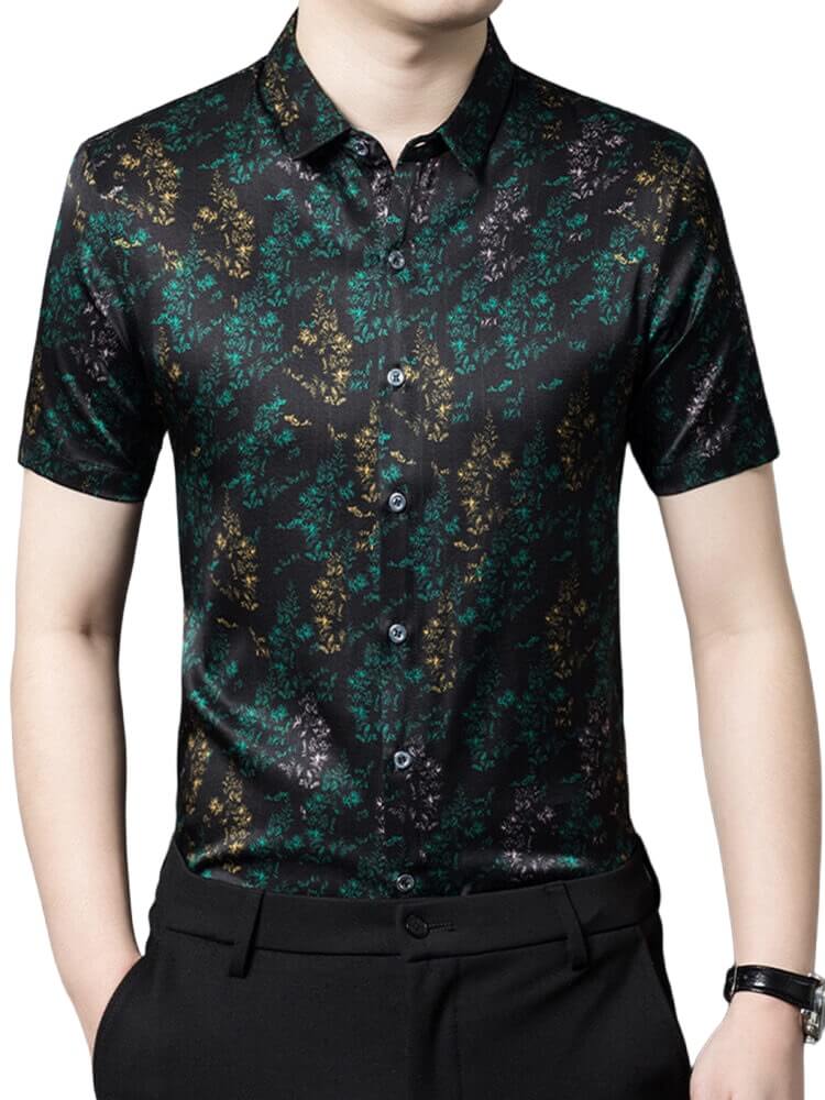 Green Leaves Print Men's Short Sleeve Black Silk Shirt