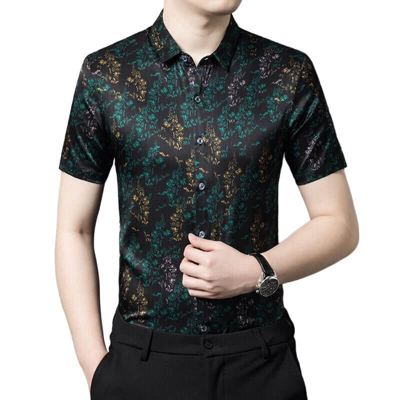 Green Leaves Print Men's Short Sleeve Black Silk Shirt