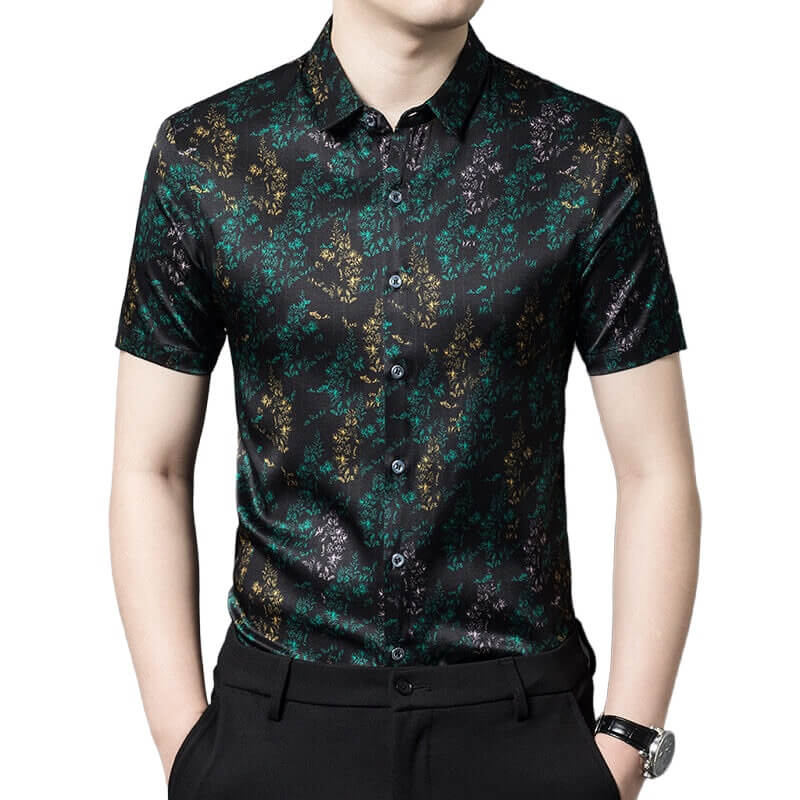 Green Leaves Print Men's Short Sleeve Black Silk Shirt