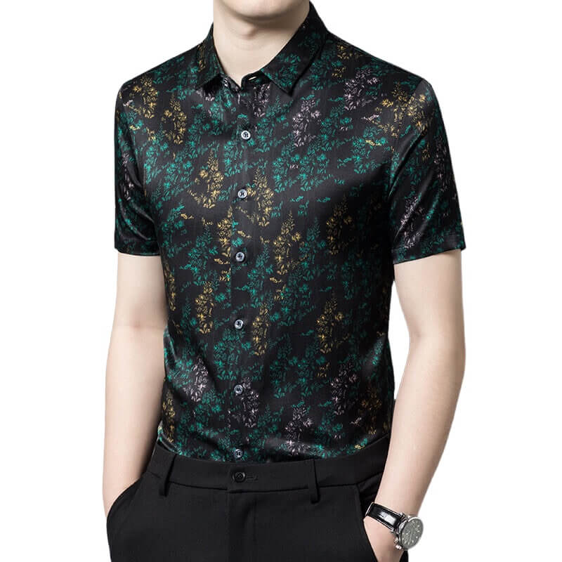 Green Leaves Print Men's Short Sleeve Black Silk Shirt