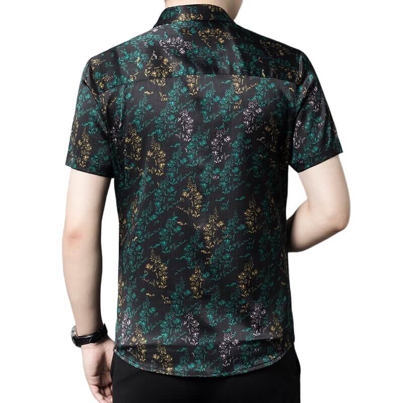 Green Leaves Print Men's Short Sleeve Black Silk Shirt