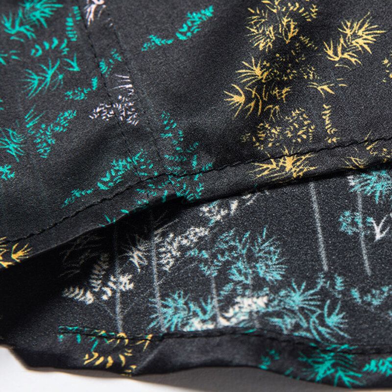 Green Leaves Print Men's Short Sleeve Black Silk Shirt