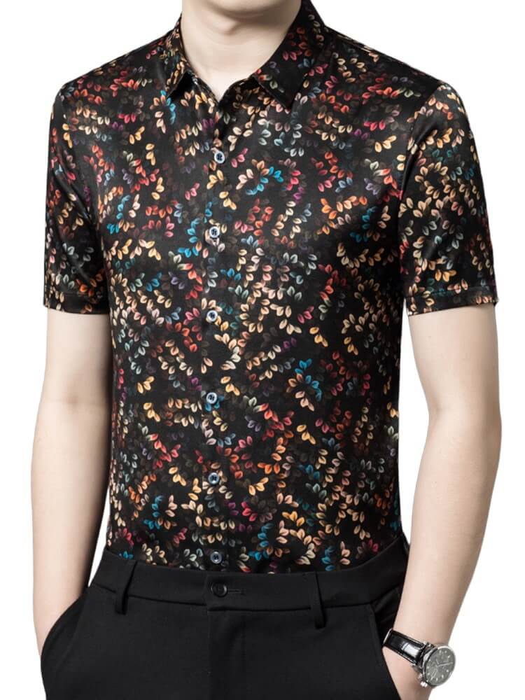 Multicolored Leaves Print Men's Short Sleeve Silk Shirt