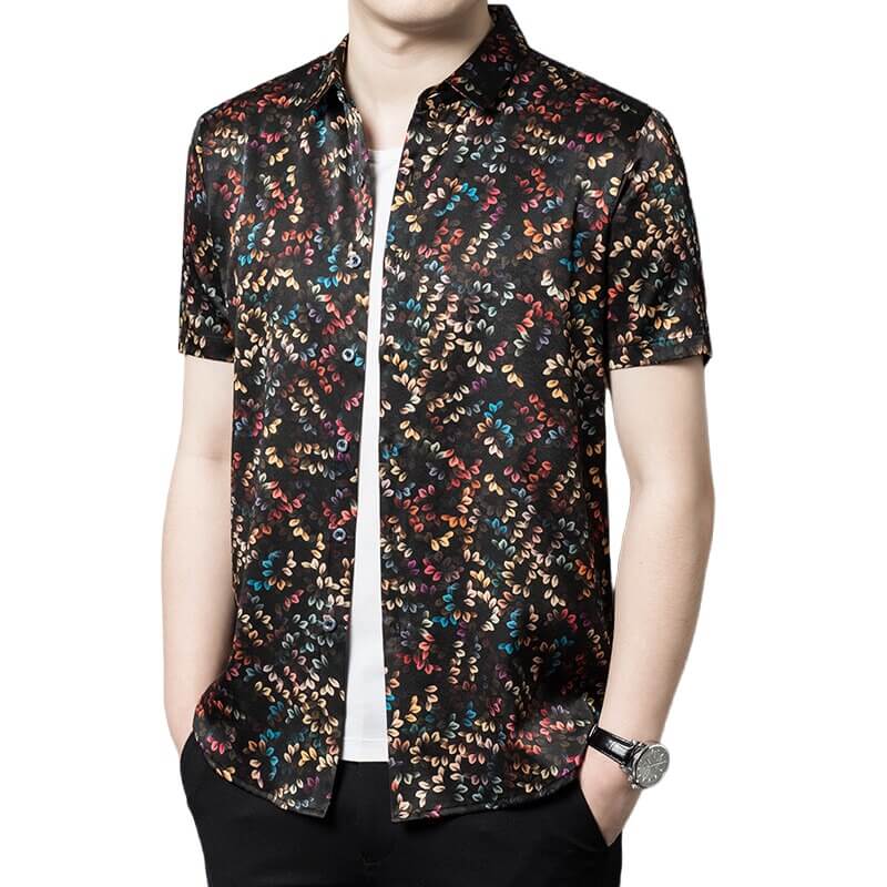 Multicolored Leaves Print Men's Short Sleeve Silk Shirt