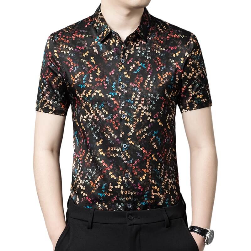 Multicolored Leaves Print Men's Short Sleeve Silk Shirt