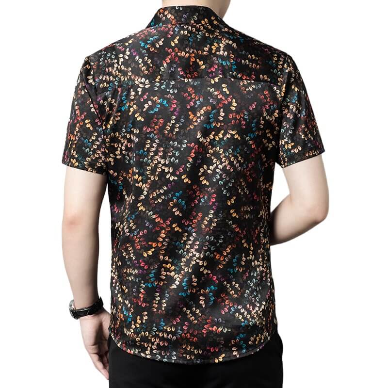 Multicolored Leaves Print Men's Short Sleeve Silk Shirt