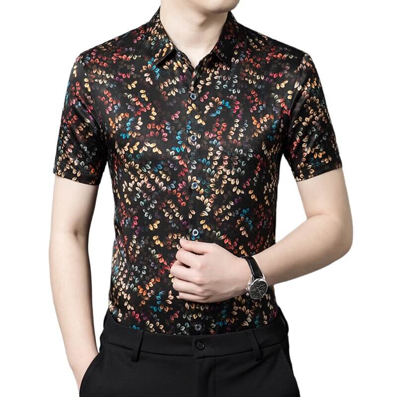 Multicolored Leaves Print Men's Short Sleeve Silk Shirt
