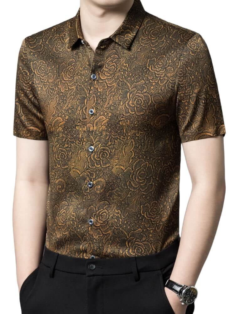Men's Black and Gold Floral Print Short-sleeve Silk Dress Shirt