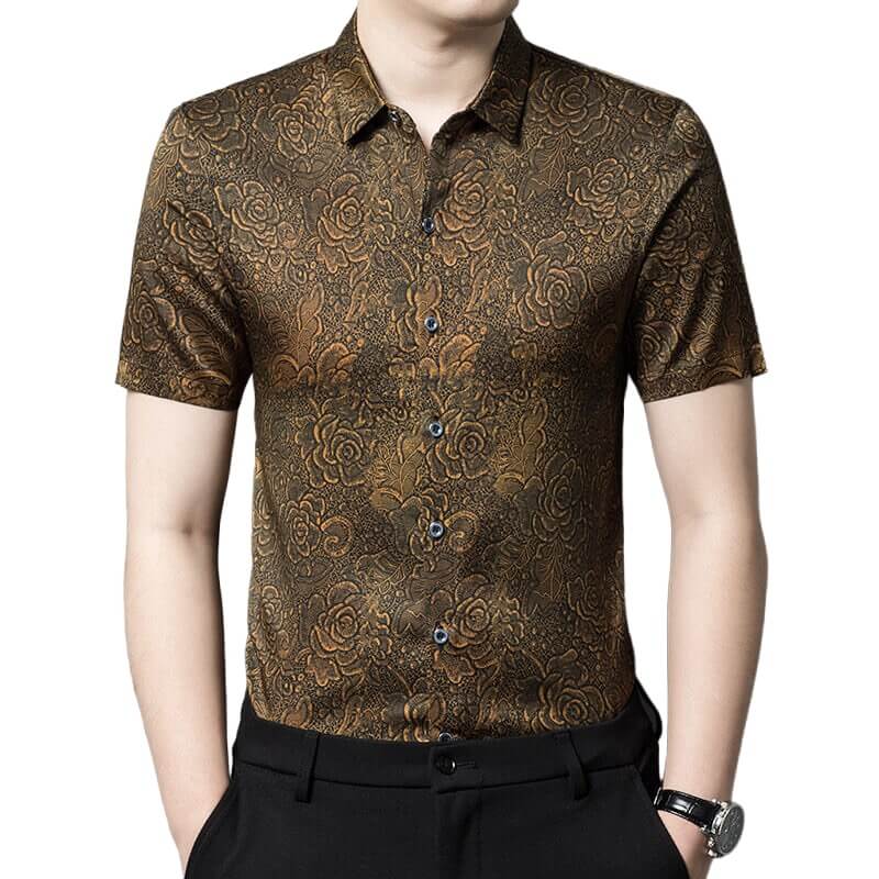 Men's Black and Gold Floral Print Short-sleeve Silk Dress Shirt