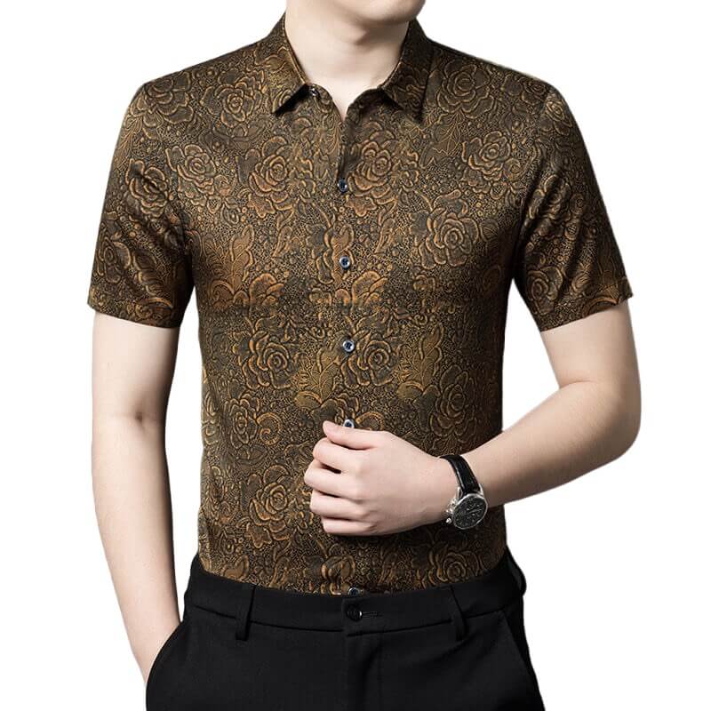 Men's Black and Gold Floral Print Short-sleeve Silk Dress Shirt