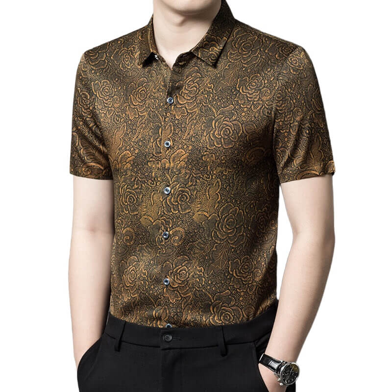 Men's Black and Gold Floral Print Short-sleeve Silk Dress Shirt