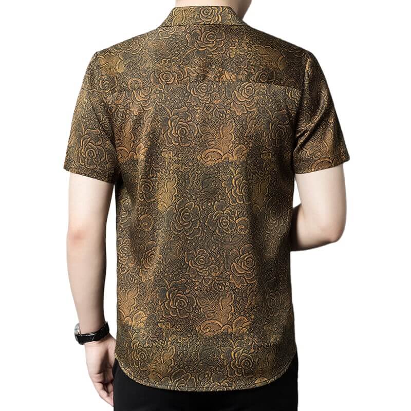 Men's Black and Gold Floral Print Short-sleeve Silk Dress Shirt