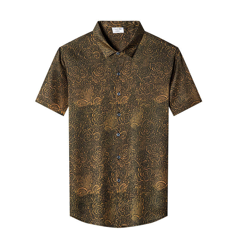 Men's Black and Gold Floral Print Short-sleeve Silk Dress Shirt