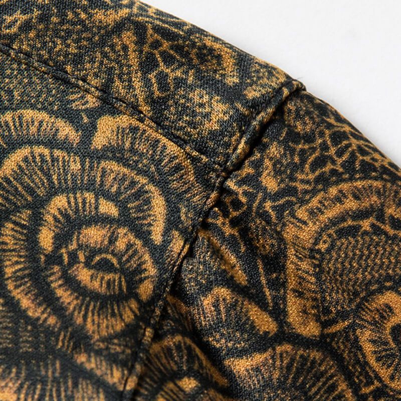 Men's Black and Gold Floral Print Short-sleeve Silk Dress Shirt