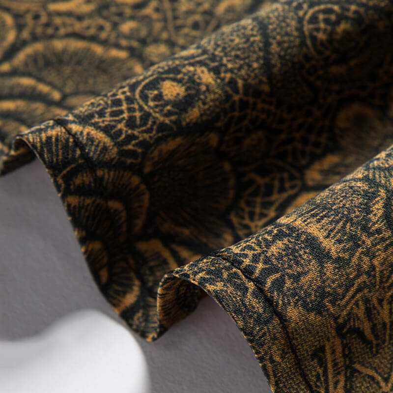 Men's Black and Gold Floral Print Short-sleeve Silk Dress Shirt