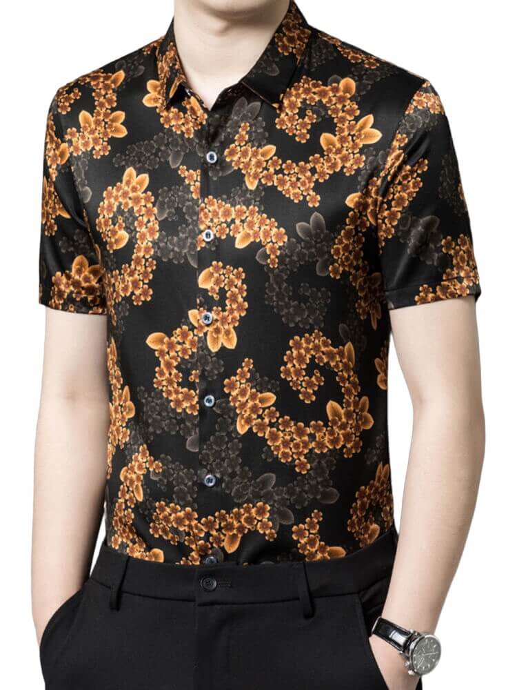 Orange Floral Men's Button-down Short Sleeve Black Silk Shirt