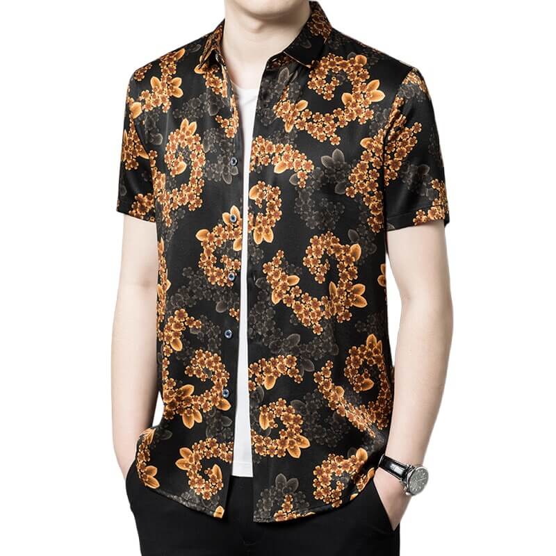 Orange Floral Men's Button-down Short Sleeve Black Silk Shirt