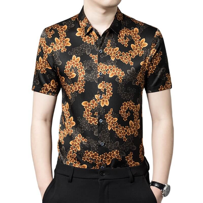 Orange Floral Men's Button-down Short Sleeve Black Silk Shirt