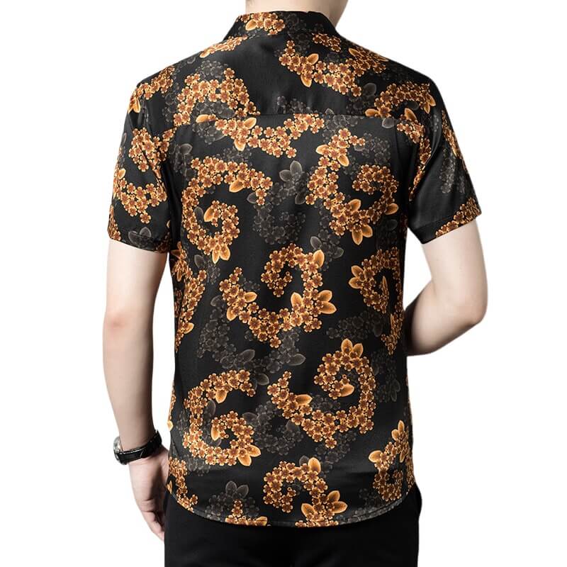 Orange Floral Men's Button-down Short Sleeve Black Silk Shirt