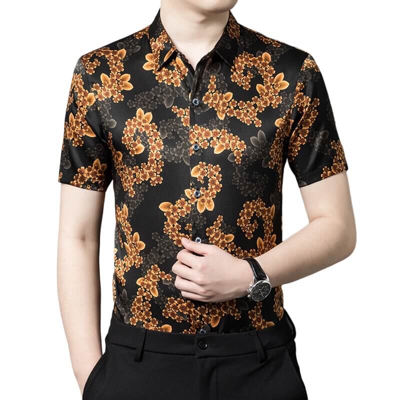 Orange Floral Men's Button-down Short Sleeve Black Silk Shirt