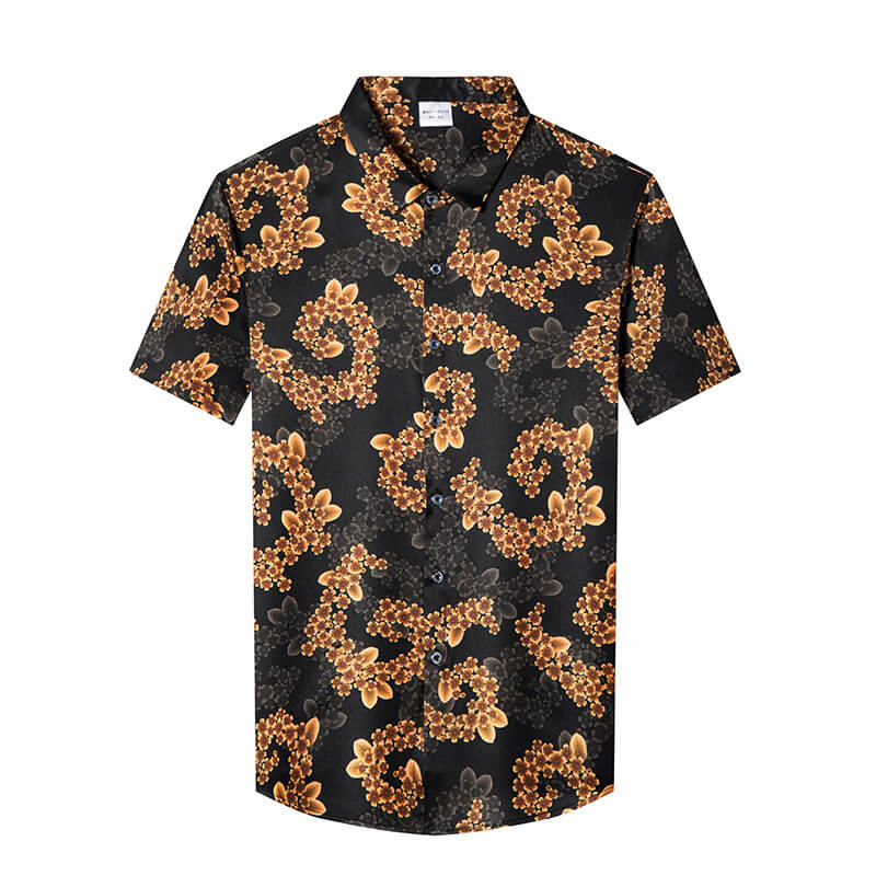 Orange Floral Men's Button-down Short Sleeve Black Silk Shirt
