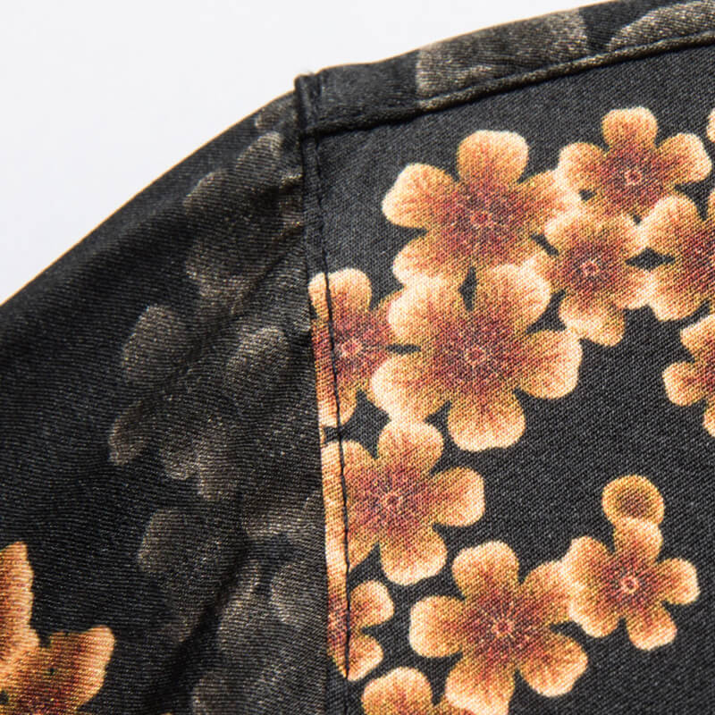 Orange Floral Men's Button-down Short Sleeve Black Silk Shirt