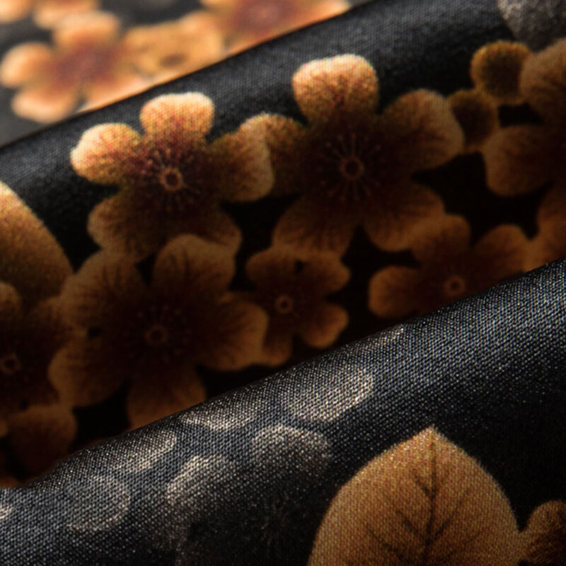 Orange Floral Men's Button-down Short Sleeve Black Silk Shirt